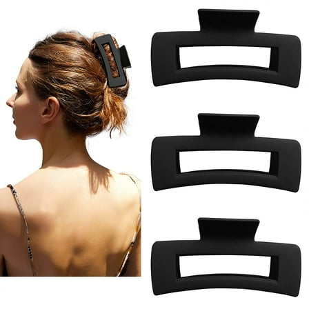 Hair Claw Clips Large Square 4 Inch Matte No Slip Big Rectangle Jaw Clip Clamp for Thick Hair Women, 3 Pack Black