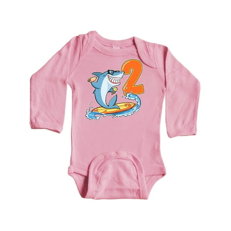 

Inktastic Second Birthday Surfing Shark with Hot Dog and Ice Cream Gift Baby Boy or Baby Girl Long Sleeve Bodysuit