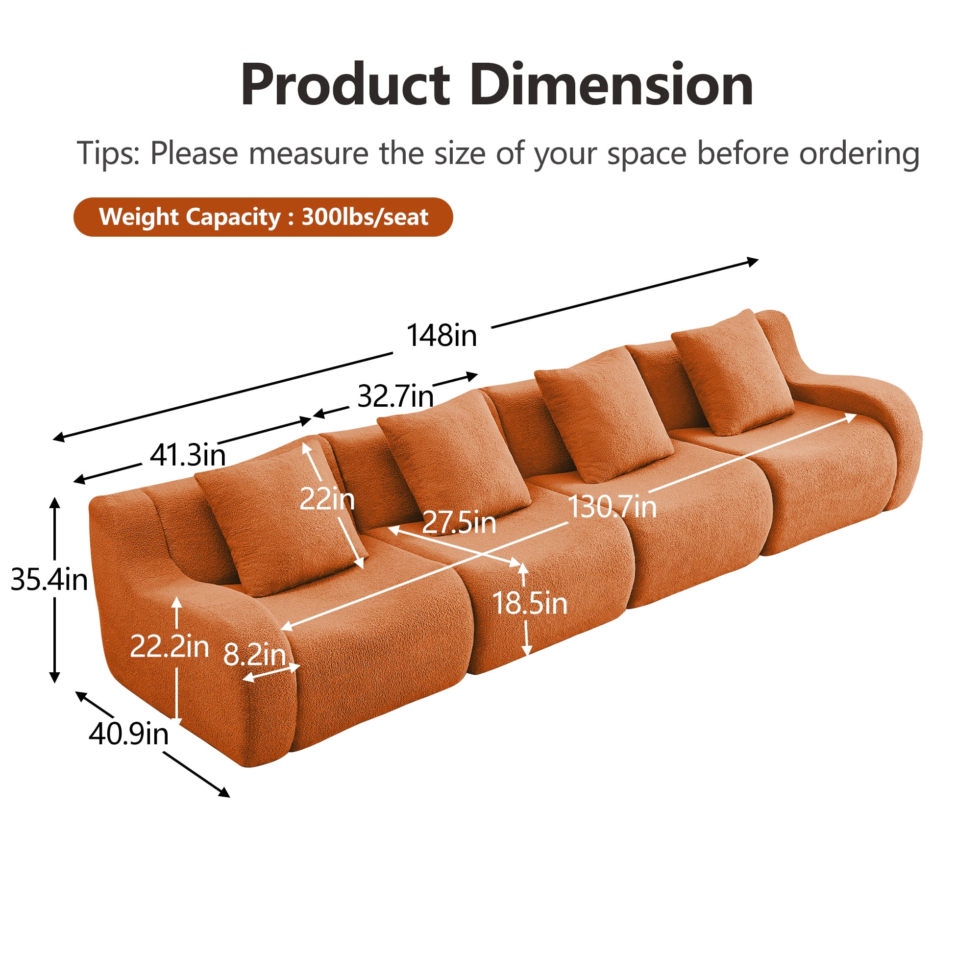 Alvantor Sectional Sofa 148" W 4-Seater Teddy Boneless Couch Modern Deep Seat Cloud Sofa for Living Room Orange