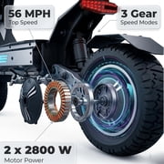 5600W Off-Road Electric Scooter, 56 MPH 62 Miles Range, 60V 30AH Dual Fast Charge, Dual Oil Disc Brakes, LED Lights, Spare Tire, Adult E-Scooter