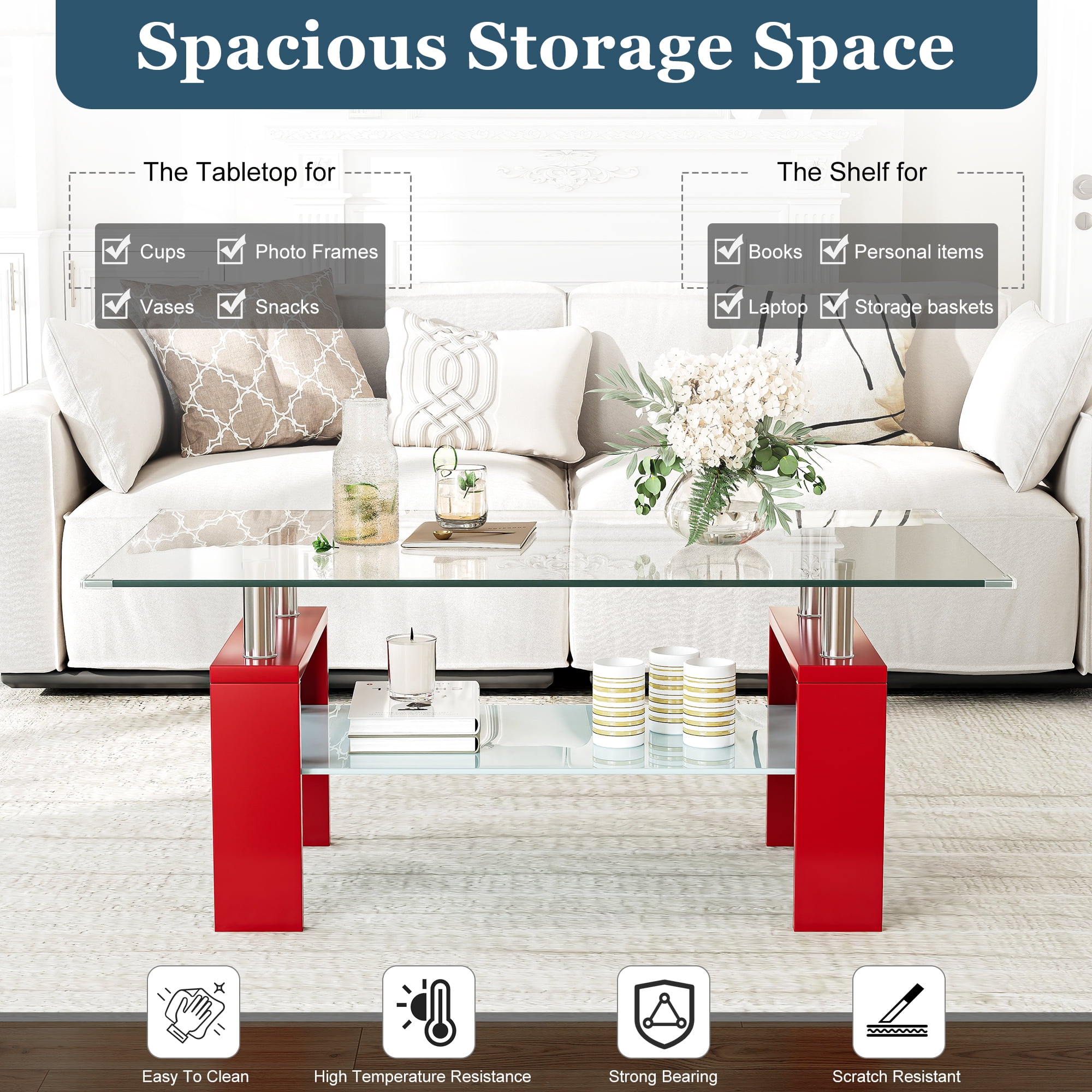 Rectangle Glass Coffee Table, 37.2"  2-Tier Modern Tea Table with Storage Shelf for Living Room