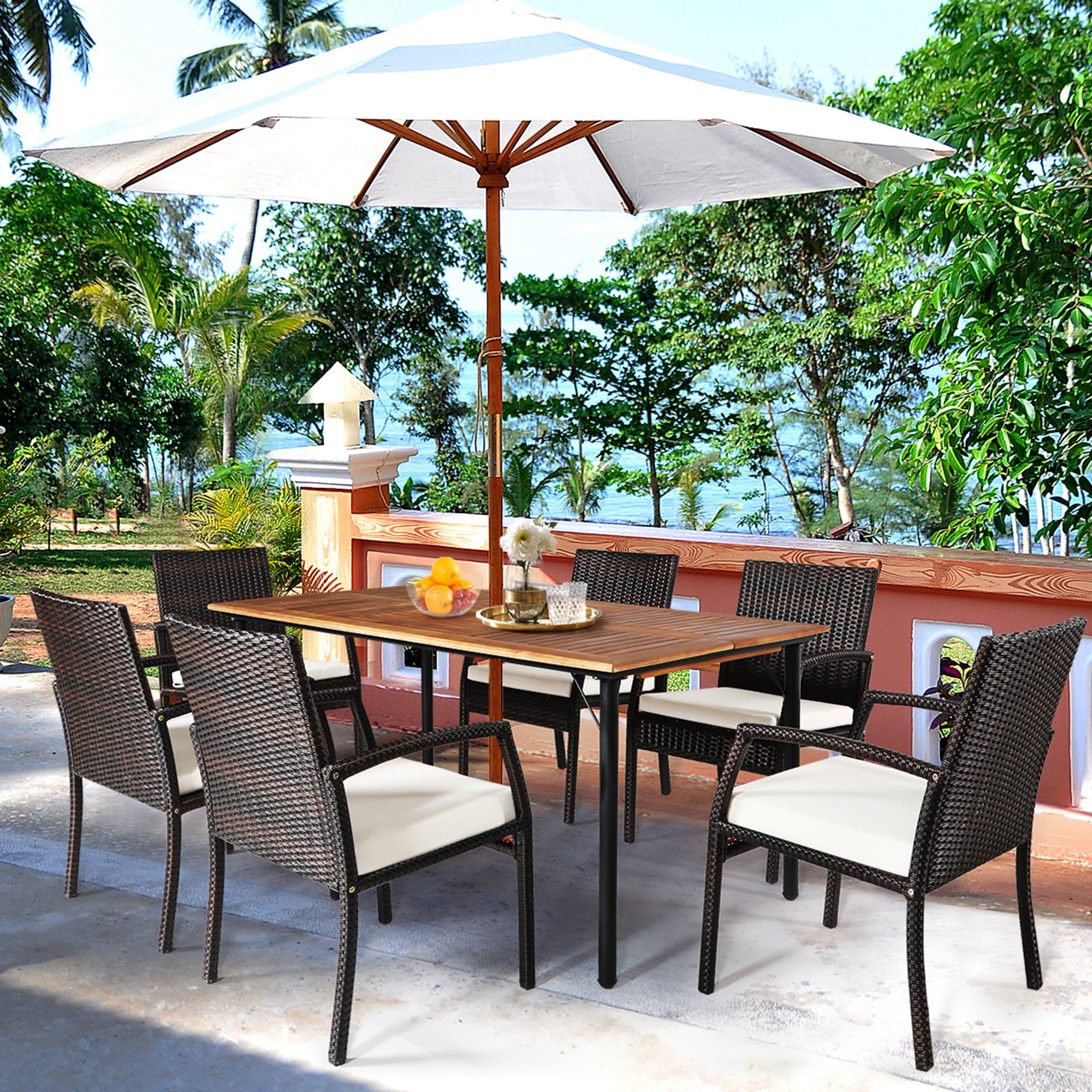Gymax 7 Pieces Patio Dining Furniture, 7pcs Patio Rattan Cushioned Dining Set With Umbrella Hole