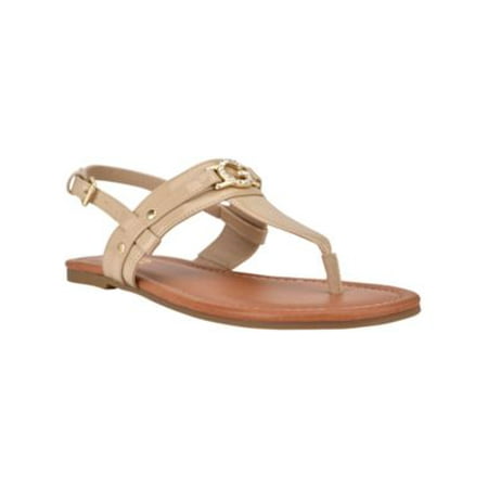 

GBG Womens Beige Embellished Logo Ankle Strap Adjustable Strap Leedia Round Toe Buckle Thong Sandals 5.5 M