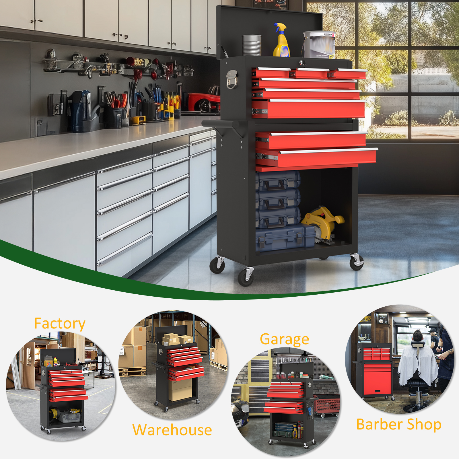 Odaof 8 Drawer Mechanic Tool Chest with Wheels Heavy Duty Rolling Tool Box Cabinet with Riser Sliding Drawers Keyed Locking System Top Detachable Toolbox Organizer for Workshop-Black&Red