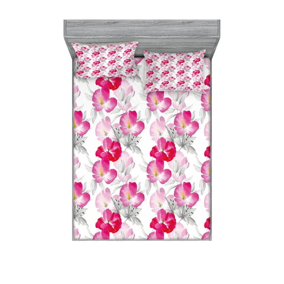 Ambesonne Floral Fitted Sheet & Pillow Sham Set, Watercolor Poppy Romance, Full, Magenta Pink Grey