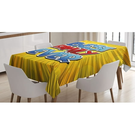 Family Tablecloth, Comic Book Style Best Family Ever Words on Abstract Cartoon Backdrop Graphic, Rectangular Table Cover for Dining Room Kitchen, 60 X 84 Inches, Blue Red Yellow, by