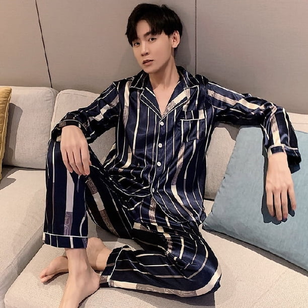 Pijama de hombre, cárdigan de seda helada de otoño, traje de seda artificial para hombre de talla grande para usar en casa