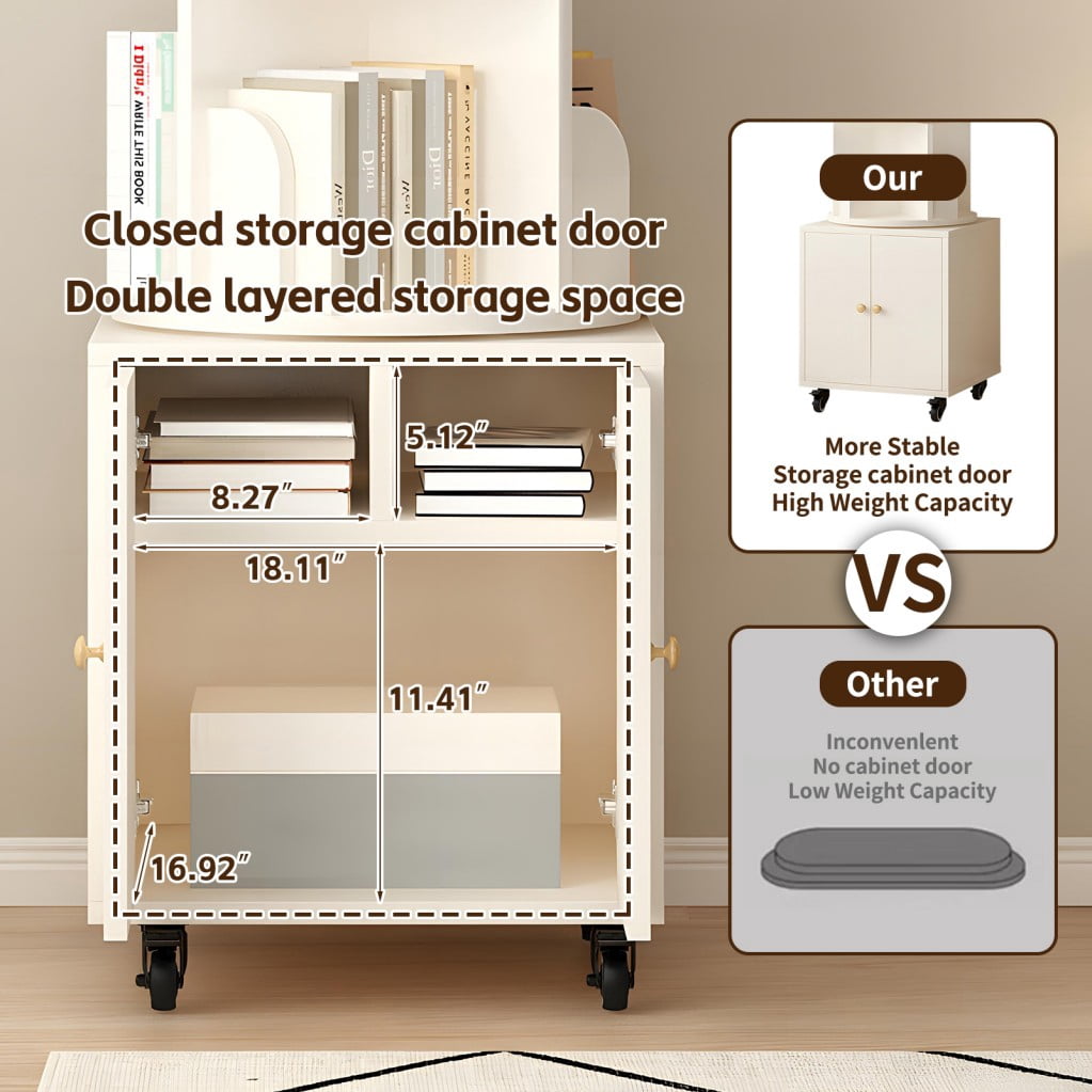 5-Tier Rotating Bookshelf with Drawer, 360° Spinning Corner Bookcase, Narrow Space-Saving Floor Standing Storage Rack for Bedroom, Living Room & Small Spaces, White