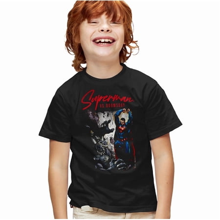 Popfunk Superman vs Doomsday Kids T Shirt for Youth Boys and Girls, Black, X-Small