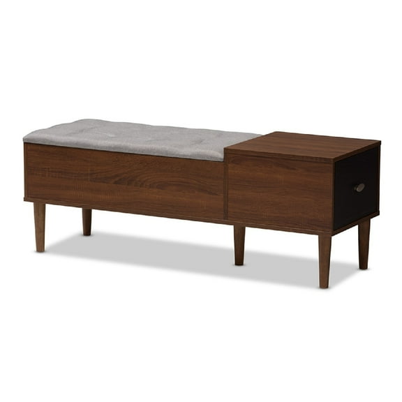 Baxton Studio Merrick Mid-century 1-drawer 2-tone Oak and Dark Brown Wood Entryway Storage Grey Cushioned Bench Shoe