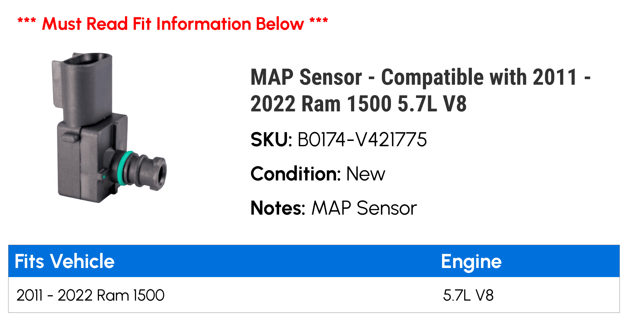 MAP Sensor - Compatible with 2011 - 2022 Ram 1500 5.7L V8 2012 2013 2014 2015 2016 2017 2018 2019 2020 2021