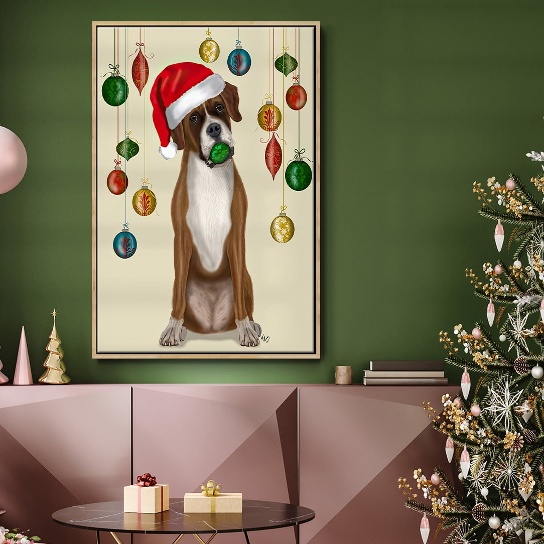 Christmas Boxer and Bauble Ball - Framed Gallery Wrapped Holiday Canvas - 17 x 25 - Natural Wood Frame