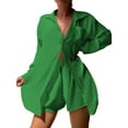 thumbnail image 2 of Lamuusaa Women Summer 2 Pieces Clothes Outfits Solid Color Turn-Down Collar Long Sleeve Shirts and Elastic Waist Shorts Beach Holiday Set, 2 of 4