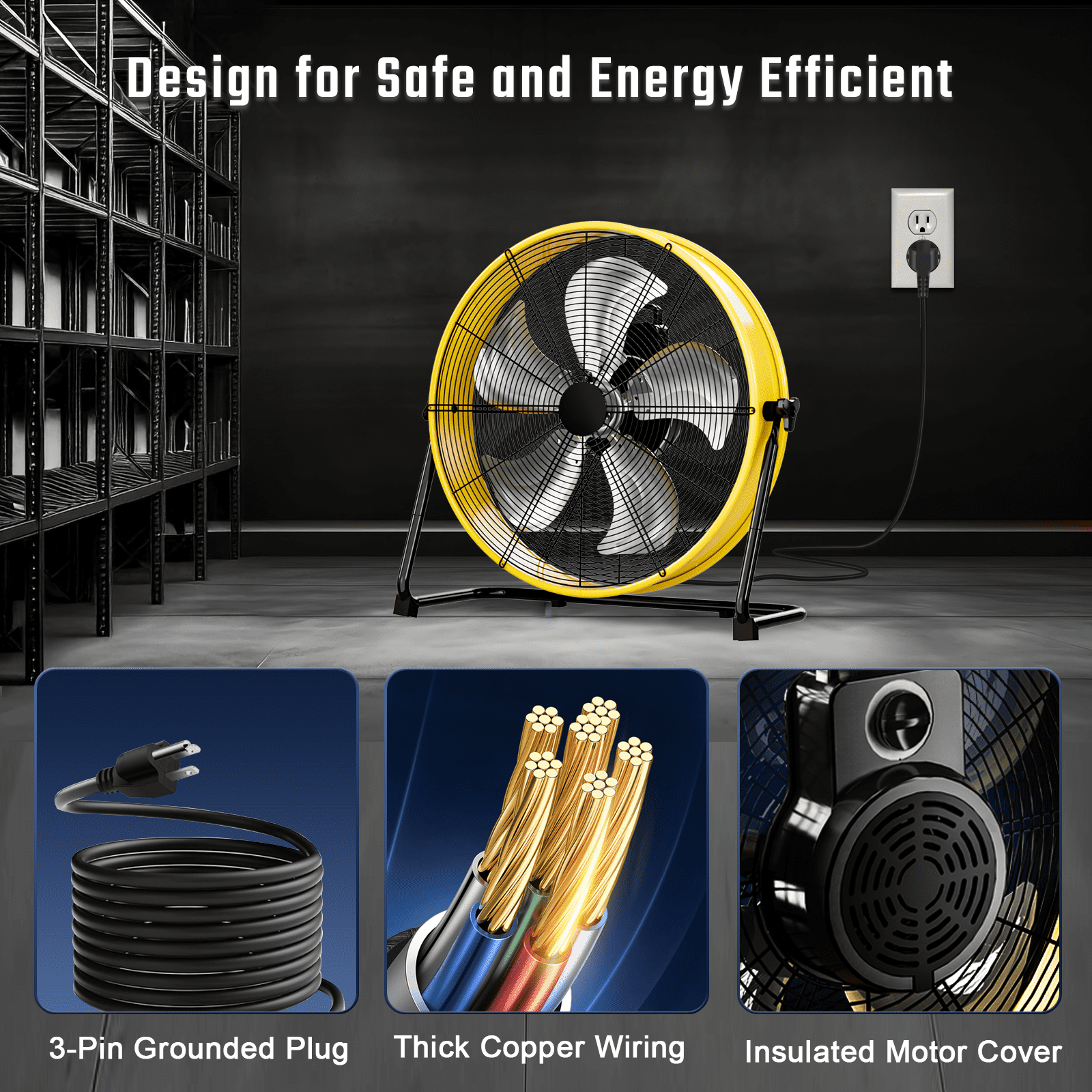 Rocyis 20 inch 4650 Cfm Industrial High Velocity Drum Fan - 4 Speed Air Circulation Fan for Factory, Warehouse, and Commercial (Yellow)