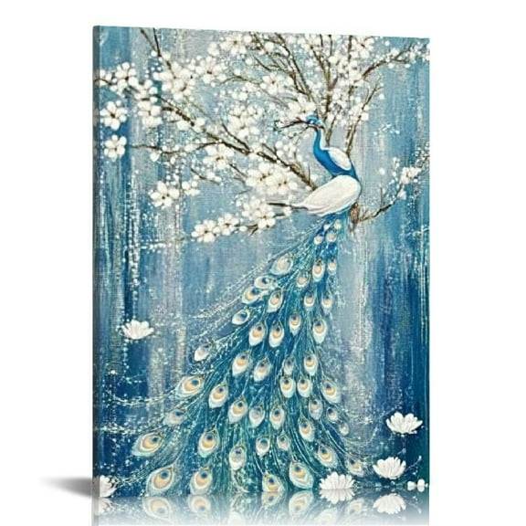 FCXZI Peacock Canvas Painting Art White Peacock Picture Prints for Hallway Decor Vertical Ready to Hang 12x16in