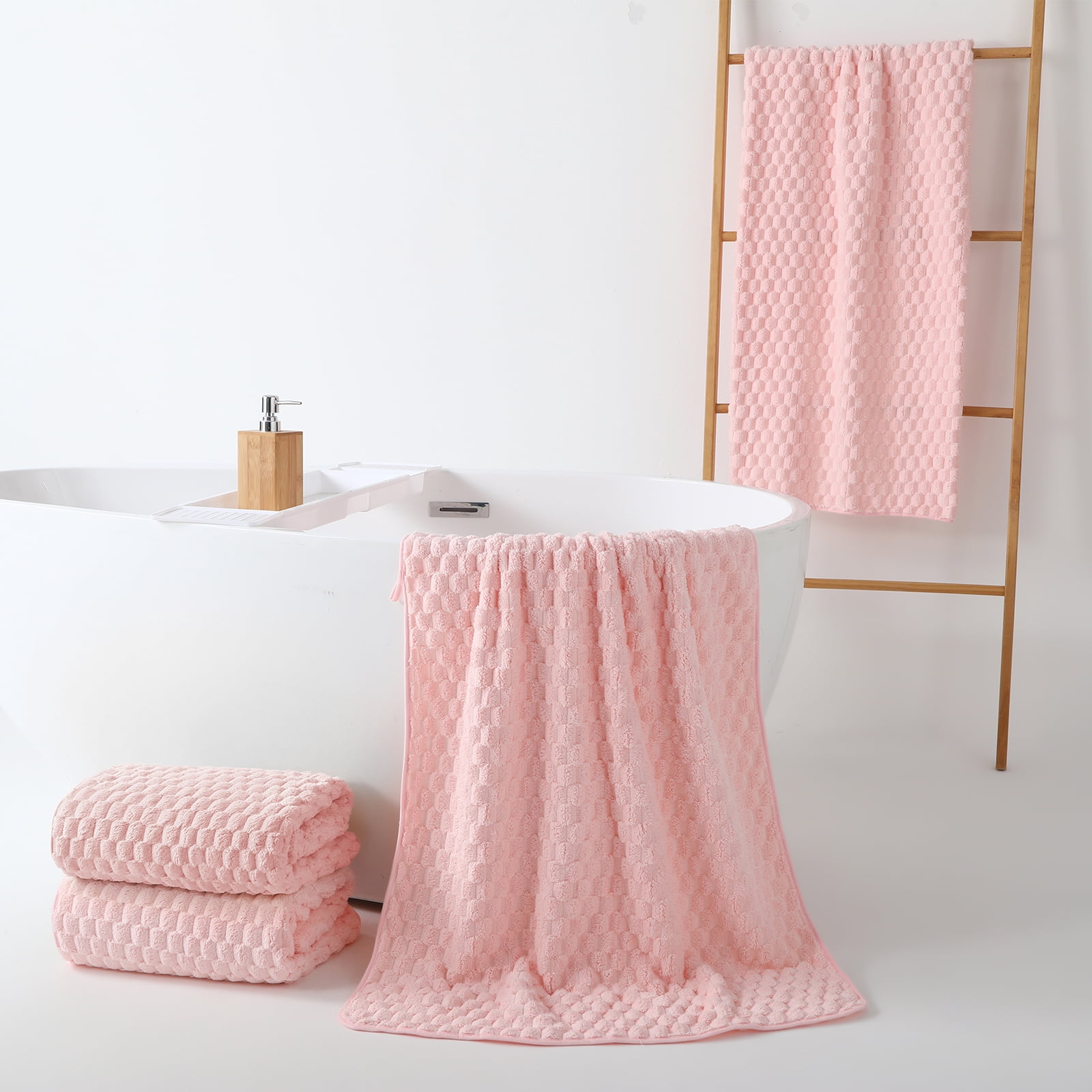 REDKISS 4-Pack Microfiber Bath Towels, 27x54 Quick Dry Waffle Towels Set. Pink Cloud Texture Super Absorbent Bath Towel for Bathroom.