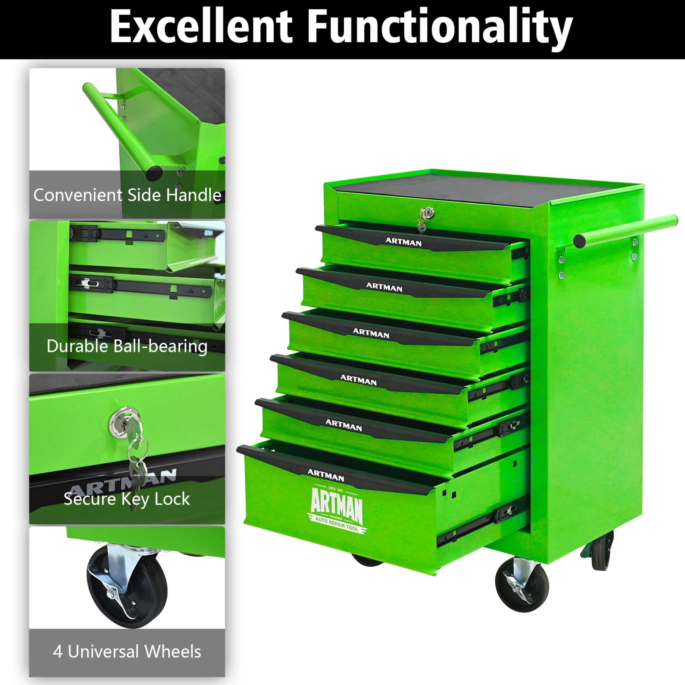 Noble House 6-Drawer Mobile Steel Tool Organizer with Key Lock, Ball Bearing Slide Storage Cabinet Box, Green