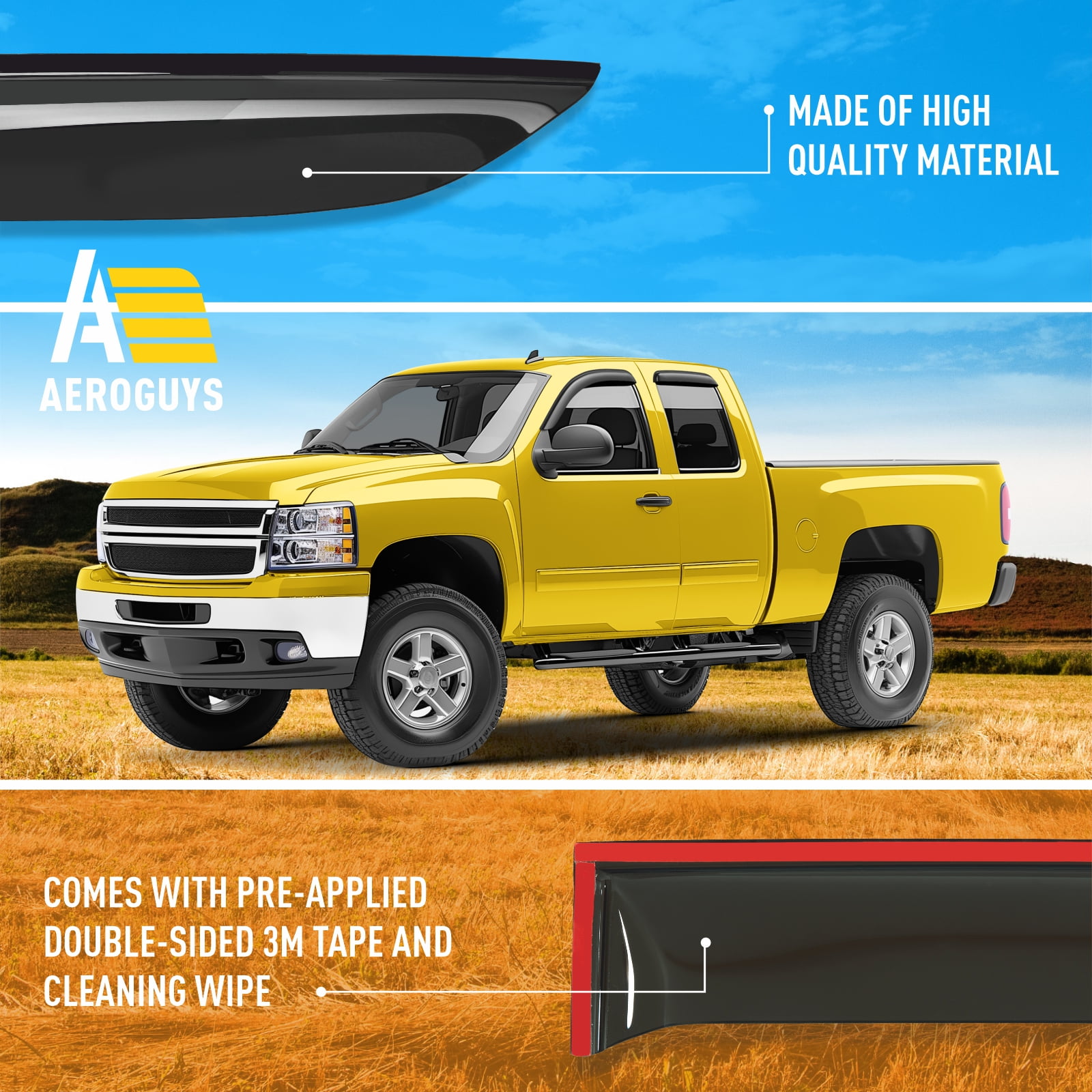 AEROGUYS Tape-On Window Deflectors Extra Durable Window Visors Rain Guards Fit for Chevrolet (Chevy) Silverado 1500 2007-2013 Extended Cab, Sun Visors, Wind Vent Visors, Truck Accessories-4pcs AG0014
