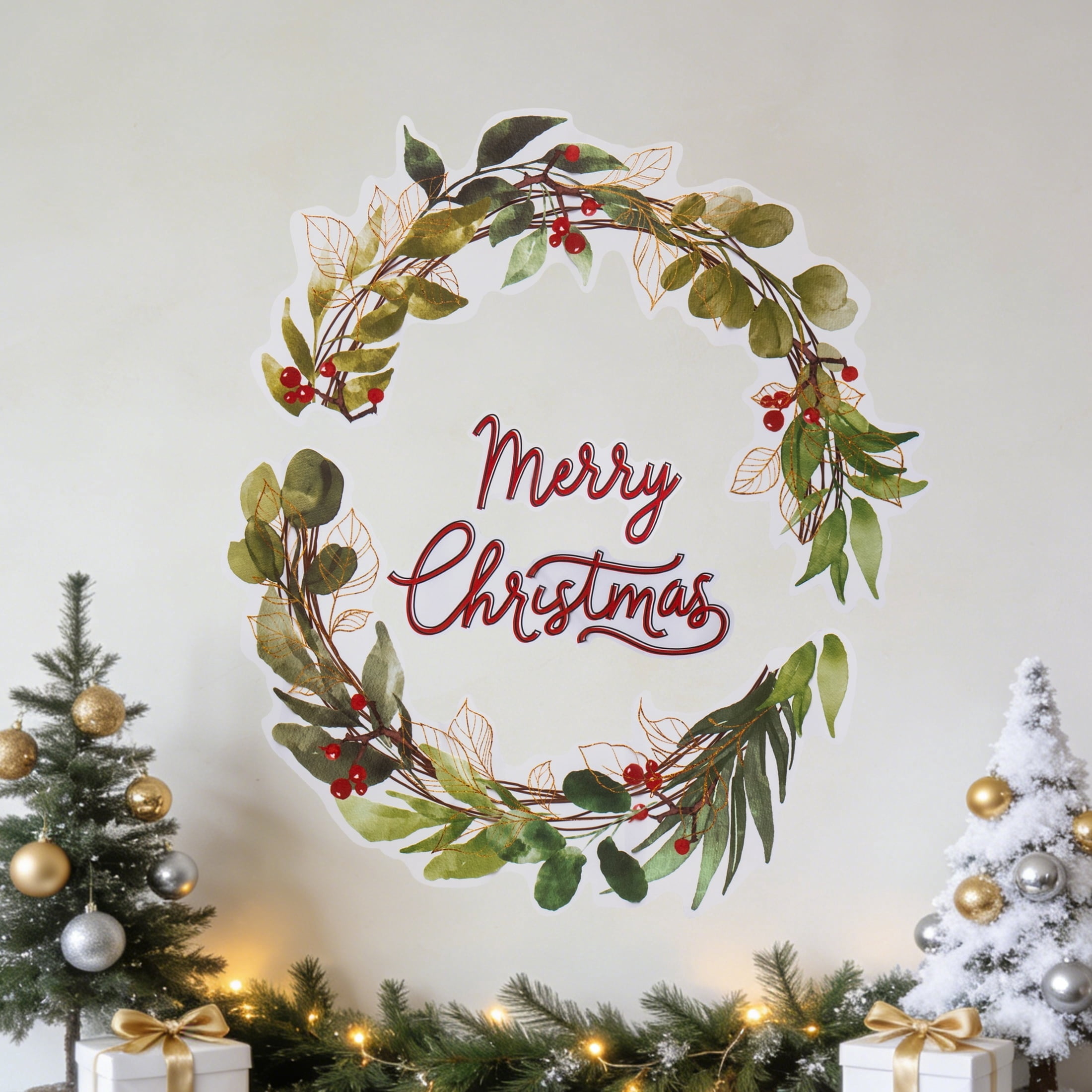 Festive Wreath Peel and Stick Christmas Wall Art, Multicolor, 27.5" x 13", by Holiday Time