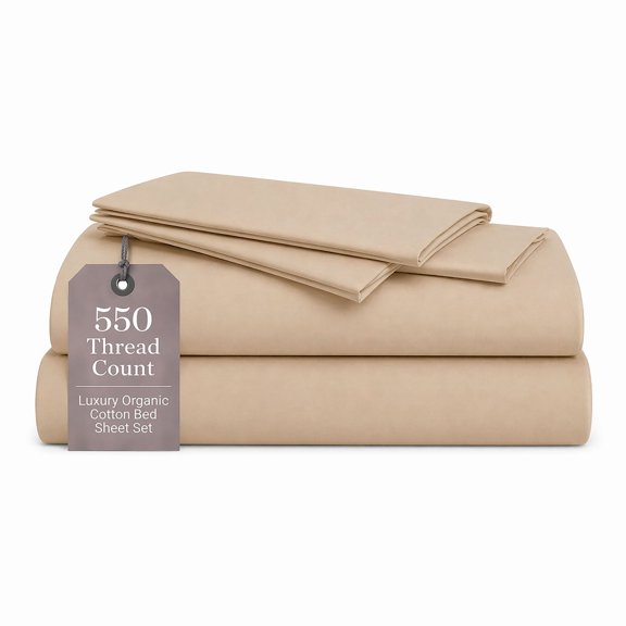 Organic Textiles Premium Quality Organic Cotton Bed Sheets, 550 Thread Count - GOTS Certified (Twin, Sand Brown) - (3 Pcs.)