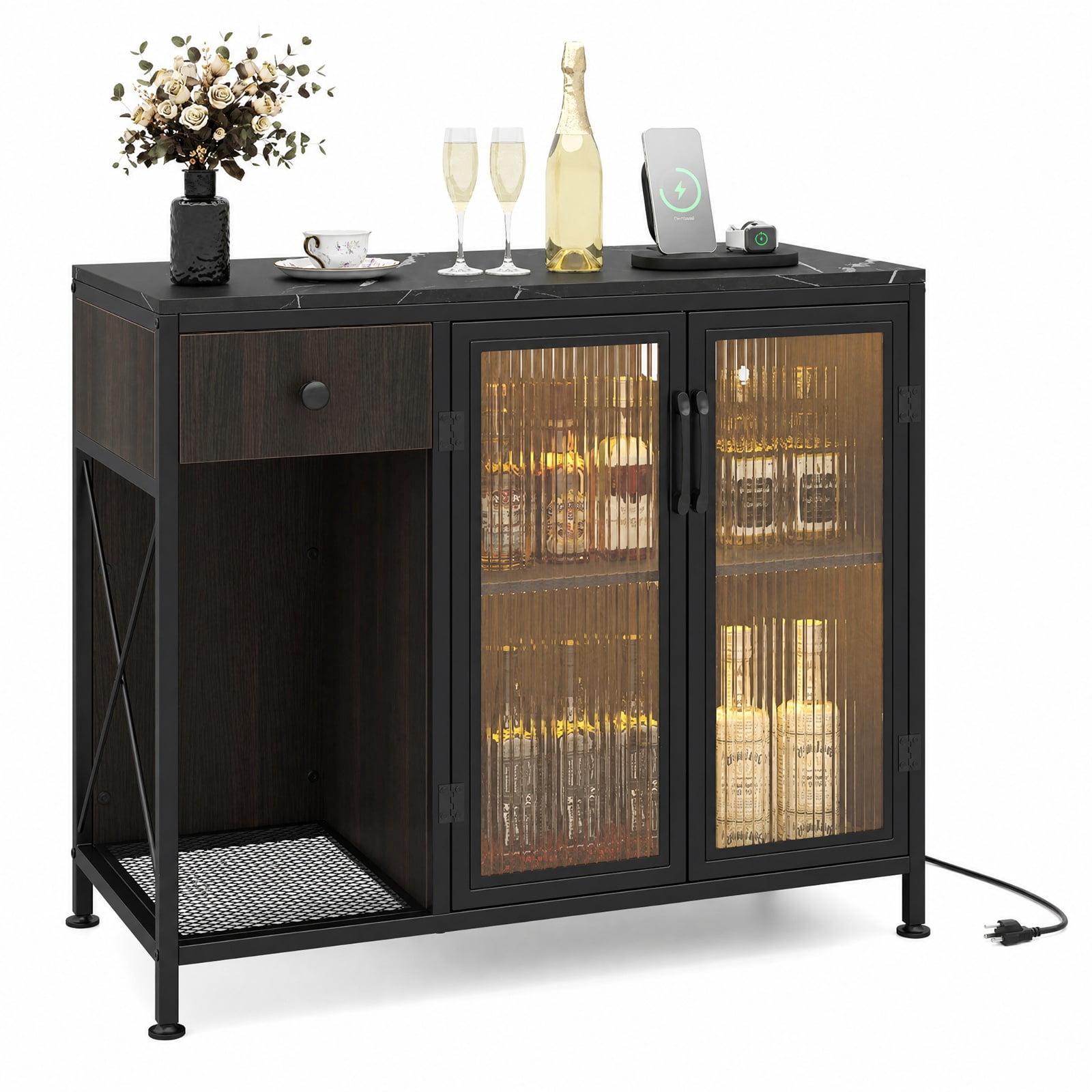 Furnibear Buffet Sideboard with Doors Power Outlets and LED Light for Kitchen Dining Living Room Buffet Storage Server, Black