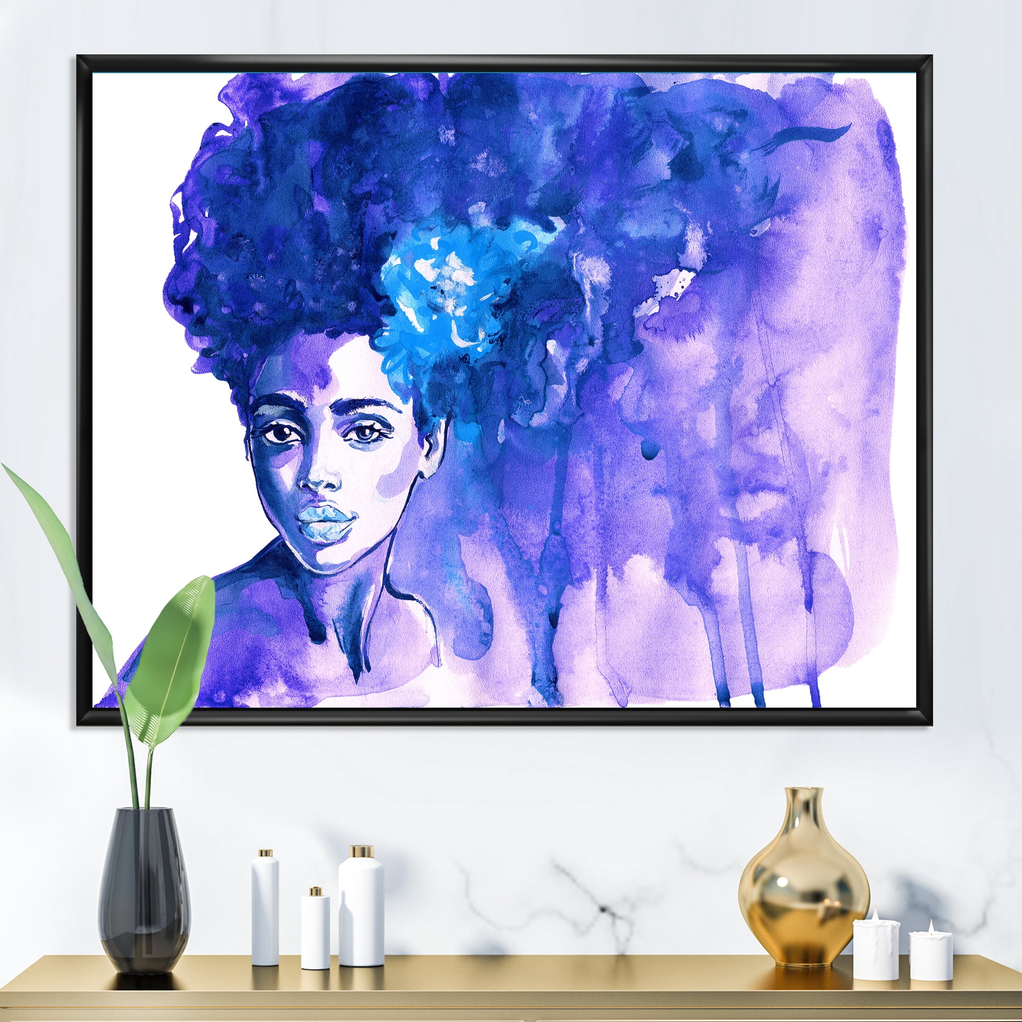 Designart 'Glorious Blue Portrait of Afro American Woman' Modern Framed Canvas Wall Art Print