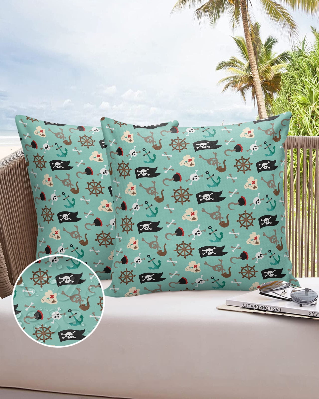 Pack of 2 Outdoor Pillow Covers, Pirate Flag Rudder and Hook Waterproof Square Throw Pillowcase Cushion Decorative Pillow Covers for Couch Patio Tent, 20x20 in