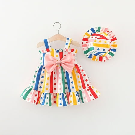 

Elainilye Fashion Toddler Girls Floral Dress Cute Sleeveless Sweet Polka Print Ruffle Dress Hat Set Sizes 6M-3Y Multi-color