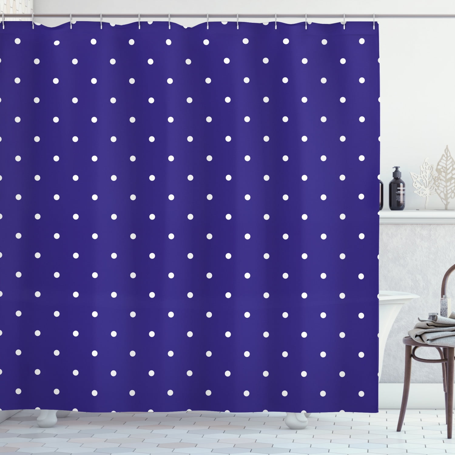 Navy Blue Polka Dot Fabric Shower Curtain with Hooks