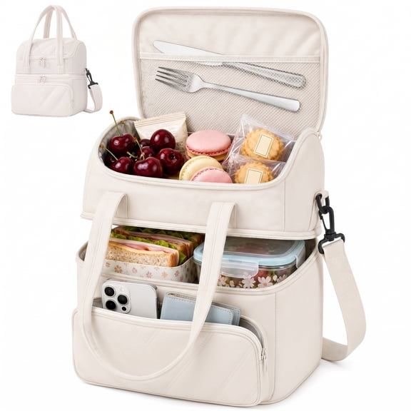 Vaparinckl Lunch Bag for Women, Double Deck Stylish Insulated Reusable Lunch Tote, Quilted Leakproof Lunch Box for Work, Picnic, Travel, Meal Prep, Beige