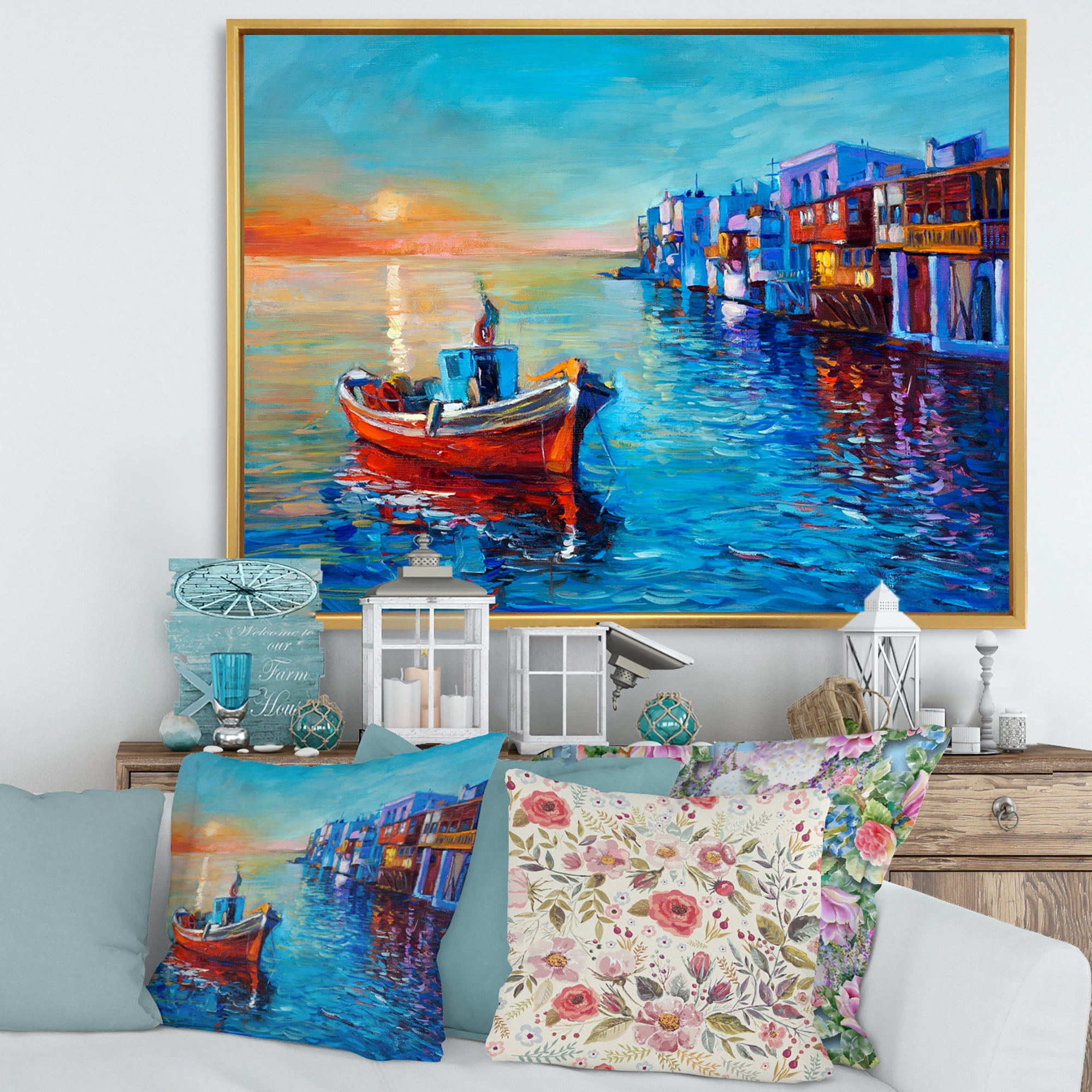 Boats Near Coastal Town Resting On The Water I 32 in x 24 in Framed Painting Canvas Art Print, by Designart