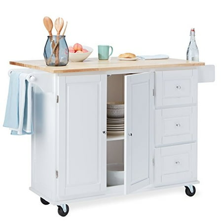 - ModHaus Living Modern Transitional Drop Leaf Kitchen Cart with Utility Drawers 2 Storage Cabinet and Towel Holder - Includes Pen (White)