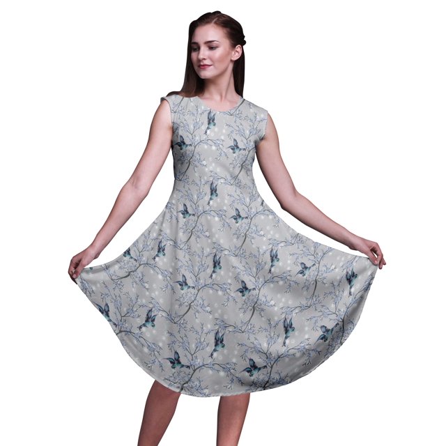 Bimba Robe Midi Évasée d'Été Décontractée Sans Manches à Imprimé Floral pour Femmes Purple Blossom & Goldfinch Bird - Xxx-Grand