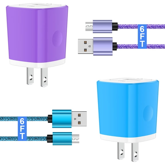 Micro USB Cable, 2 Pack Charger Block with 6FT USB A to Micro Charging Cable, USB Wall Charger Phone Charger Charger Station Power Base with USB Micro Cable Compatible for Samsung Android, Mixed