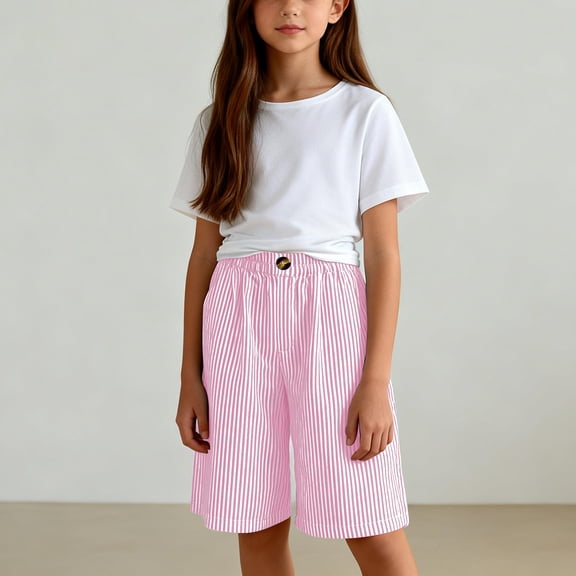 Girls Casual Wide Leg Shorts Striped Culottes Elastic Waist Summer Knee Length Pants with Pockets Lightweight Relaxed Fit Lounge Wear for Vacation Beach
