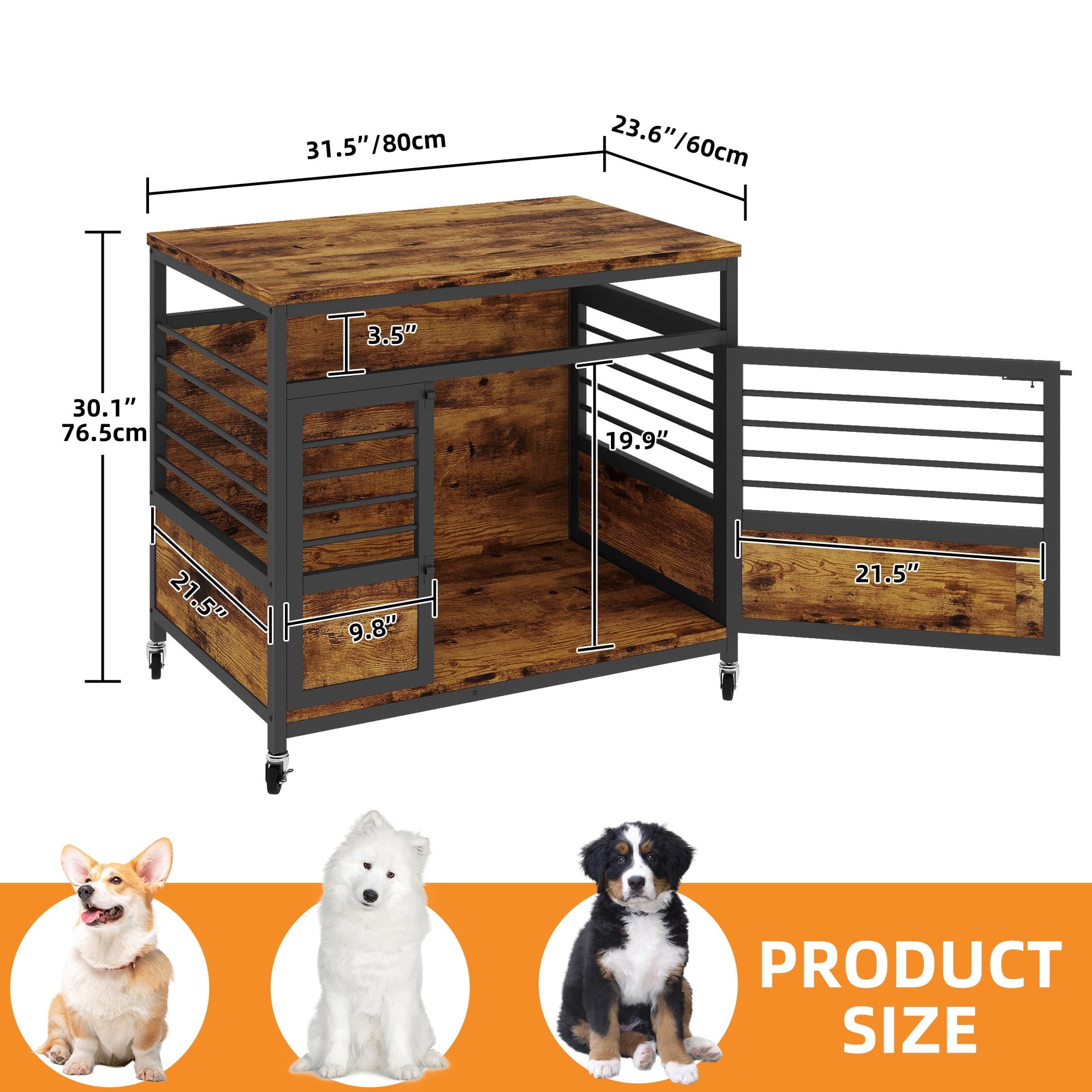 Craftian 32 Inch Dog Crate Furniture, Dog Kennel Indoor with Wheels and Removable Tray,End Table Dog Crate - Rustic Brown & Black