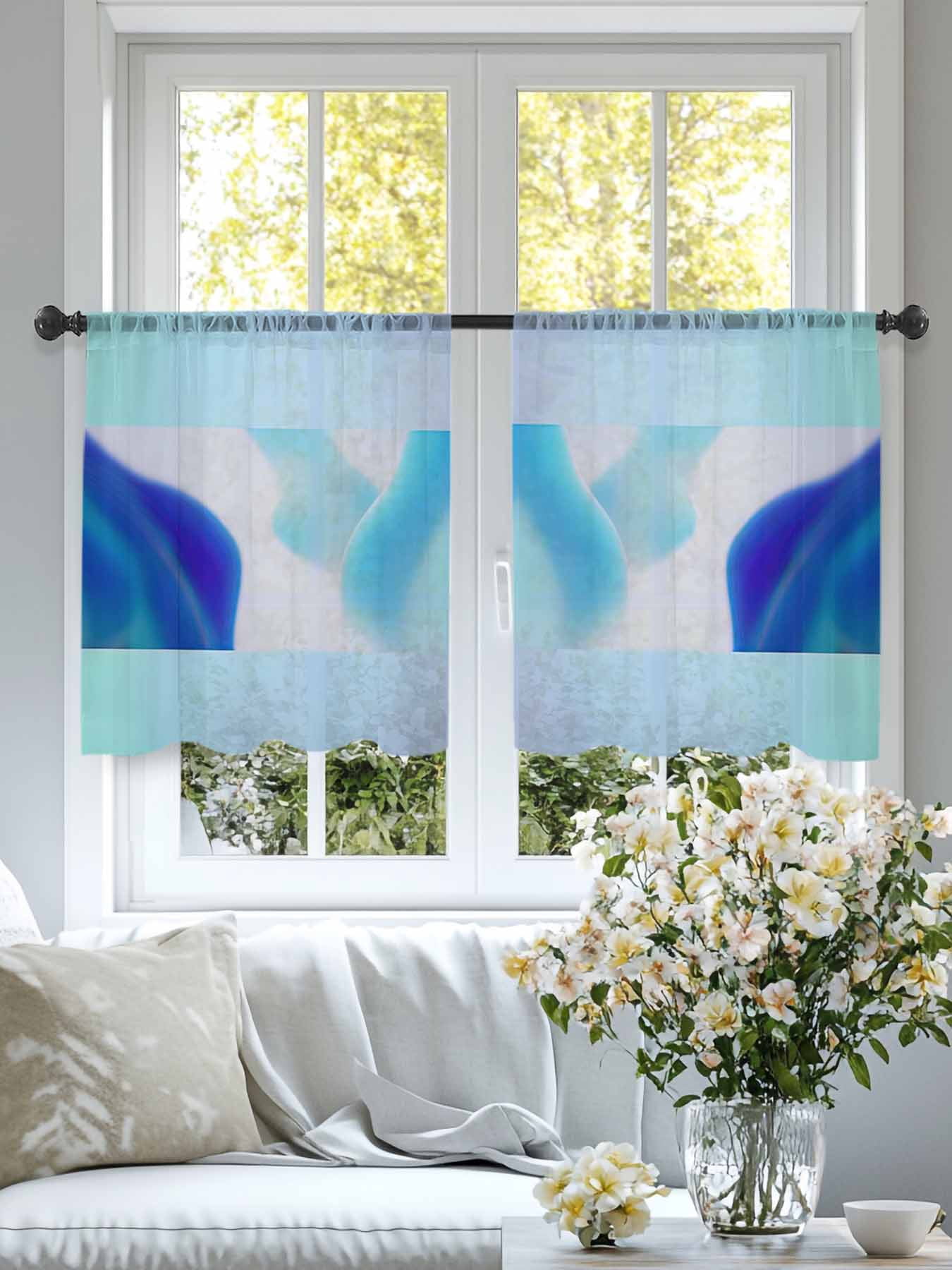 Blue Abstrac Sheer Curtains 45 inches Long 2 Panels Set Tiers Sheers Rod Pocket Small Window Short Curtains for Kitchen Cafe, Each 52" W x 45" L