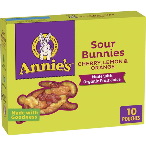Annie's Sour Bunnies Flavored Kids Snacks, Cherry, Lemon and Orange Flavors, School Lunch Snacks, Made with Organic Fruit Juice, 10 Ct, 7 oz