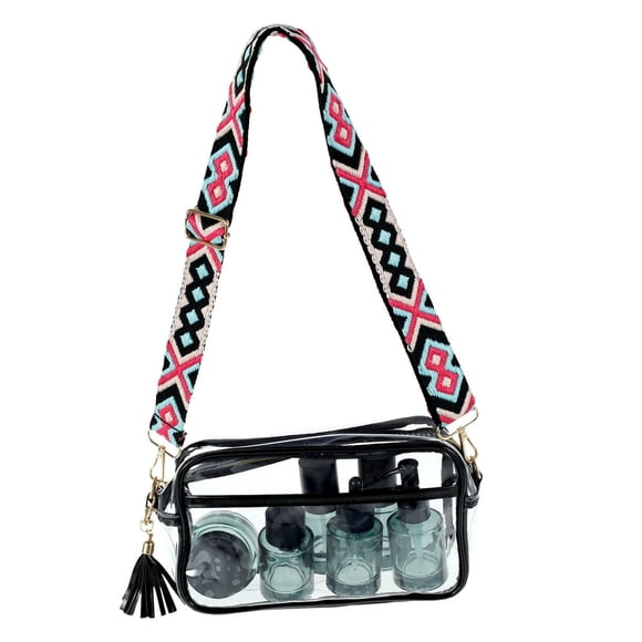 Clear Crossbody Bag with Adjustable Embroidered Shoulder Strap Large Capacity Clear Stadium Bag with Tassel Stadium Approved Clear Crossbody Purse Bag Portable Clear Bag for Concerts Stad