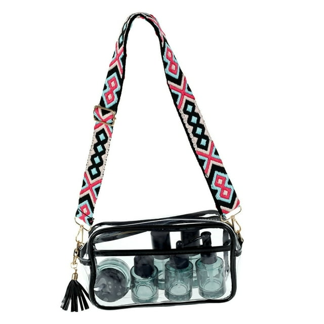 PENGXIANG Clear Crossbody Bag with Adjustable Embroidered Shoulder Strap Large Capacity Clear Stadium Bag with Tassel Stadium Approved Clear Crossbody Purse Bag Portable Clear Bag for Con