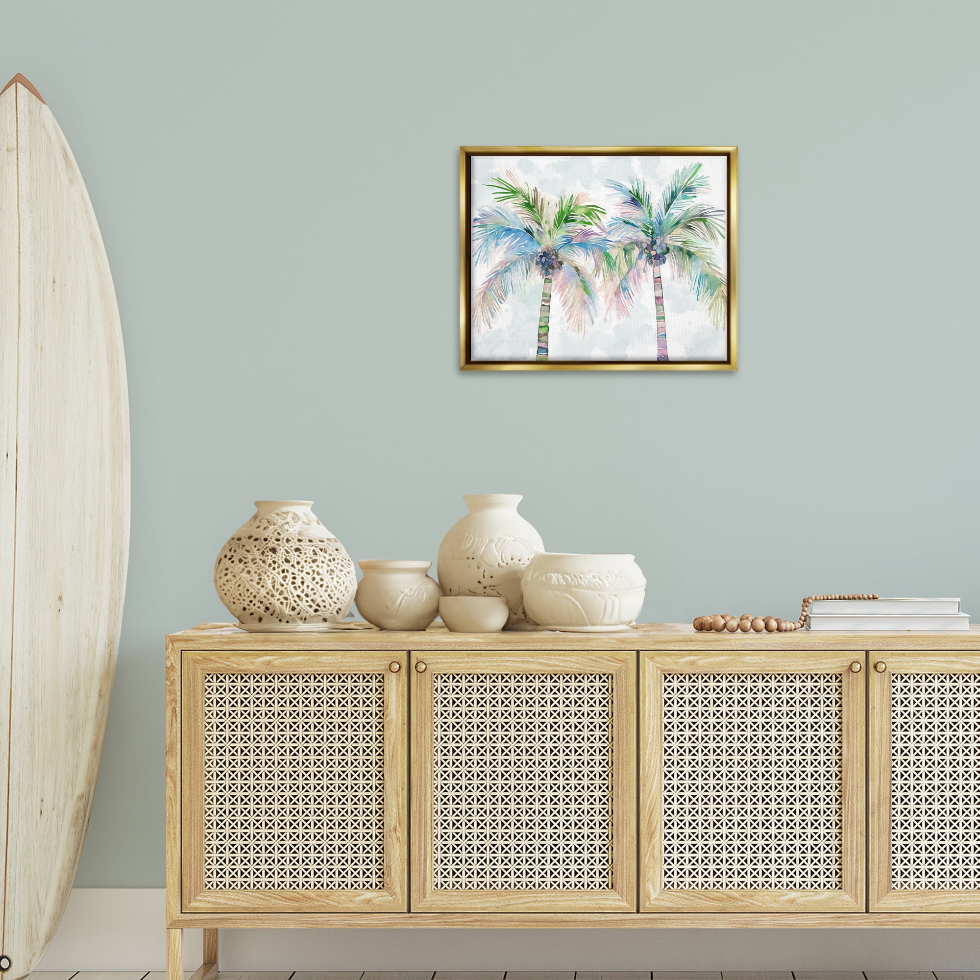 Stupell Industries Soft Palm Tree Pair Botanical & Floral Painting Gold Floater Framed Canvas Art Print Wall Art, 21 x 17