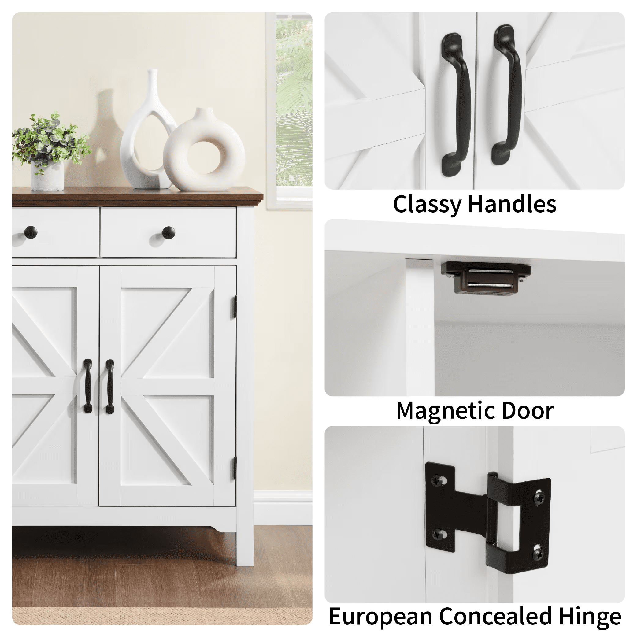 Farmhouse Buffet Cabinet with Drawer, Adjustable Shelf, Barn Door Sideboard