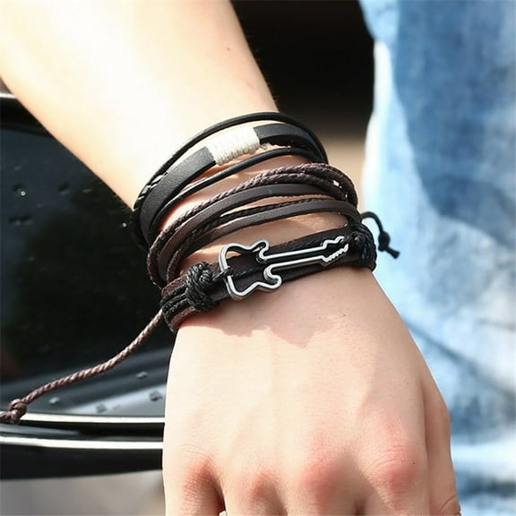 Bracelets Women Simple Vintage Woven Leather Bracelet Alloy Guitar Leather Bracelet set