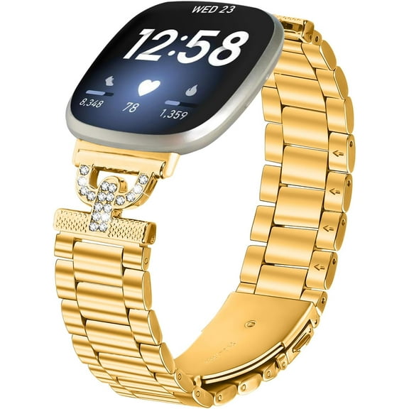 REQO Replacement Watch Bands Compatible for Fitbit Versa 4 3 Stainless Steel Dressy Jewelry Bracelet Slim Bling Crystal Classy Diamond Metal Strap