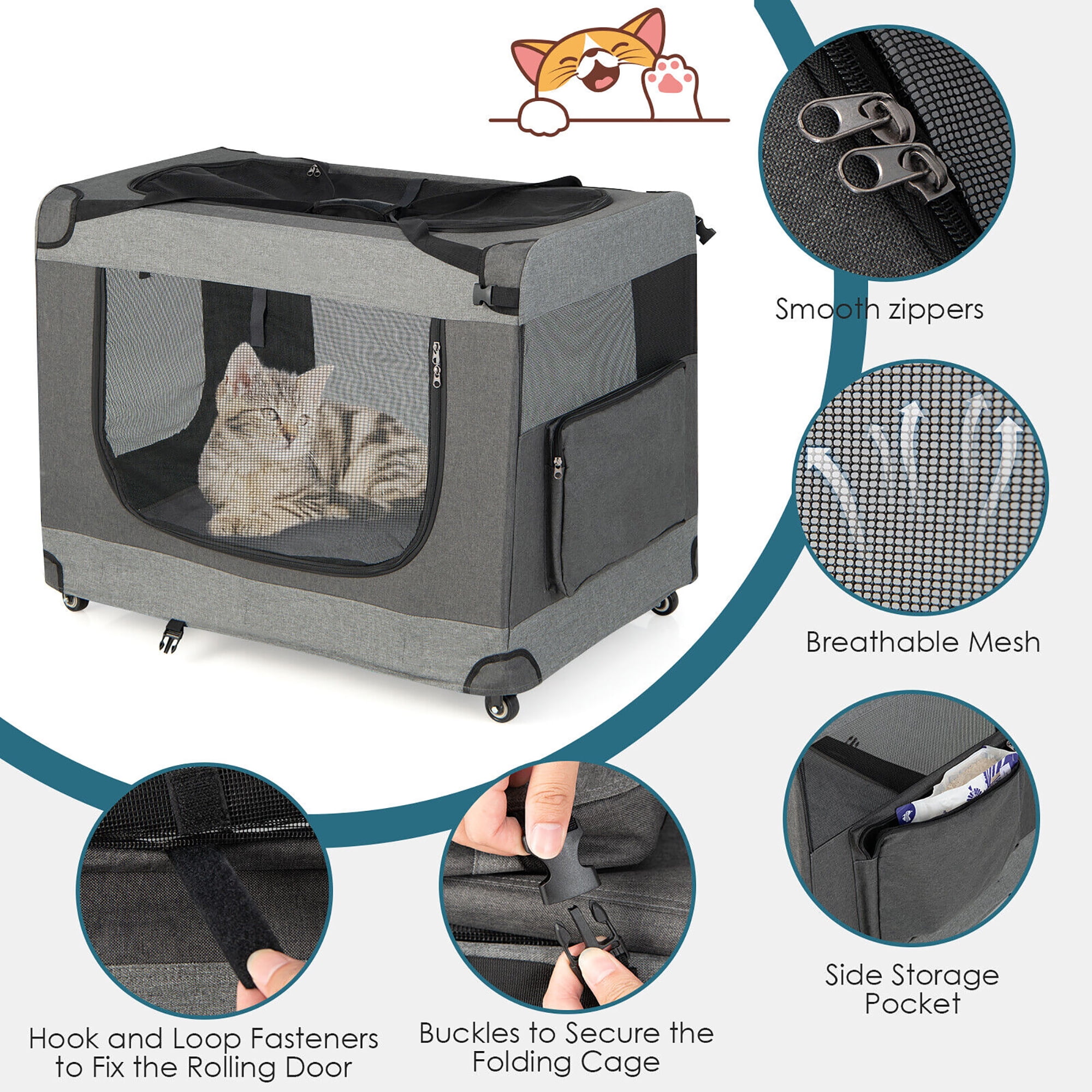 Tangkula Extra Large Portable Folding Cat Soft Crate W/ 4 Lockable Wheels Cat  Carrier : Target
