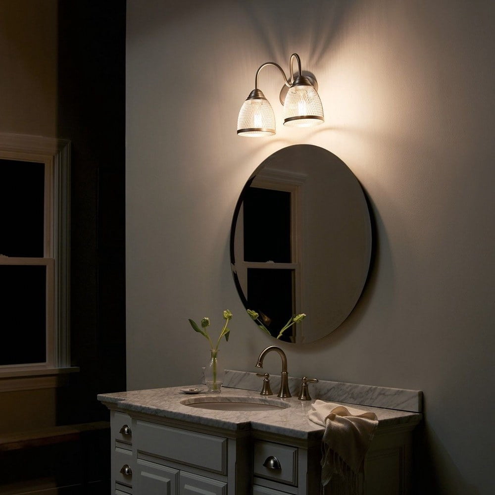 55042NI Kichler Lighting Voclain - 2 Light Bath Vanity Approved for Damp Locations - with Vintage Industrial inspirations - 10.5 inches tall by 16