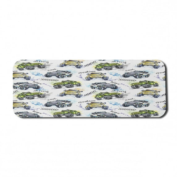 Cars Computer Mouse Pad, Hand Drawn Watercolored Monster Trucks Enormous Wheels Off Road Lifestyle, Rectangle Non-Slip Rubber Mousepad Large, 31" x 12" Gaming Size, Yellow Lavender Blue, by Ambesonne