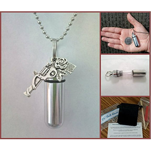 Silver Rose Flower Revolver Cremation Urn Keepsake with Engraved US Flag - Includes Velvet Pouch, Ball-Chain and Fill Kit