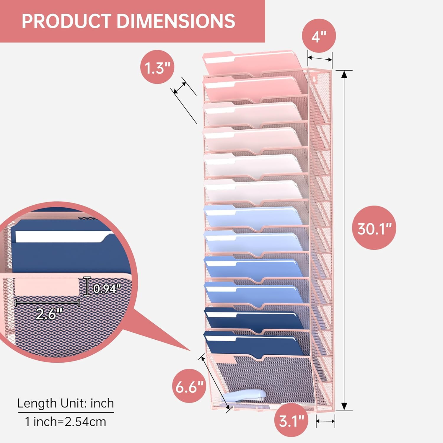INTIGE 13-Tier Wall File Organizer with Hooks, Hanging File Organizer for Office School Home,Pink