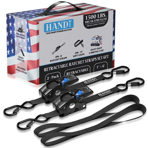 Correas De Trinquete Retráctiles Handt (2 Unidades) 1 Pulgada X 6 Pies - 1 500 Lb De Resistencia A La Rotura Amarre Resistente Correa Automática De Trinquete Botón Retráctil Para Camión, Remolque, Mot